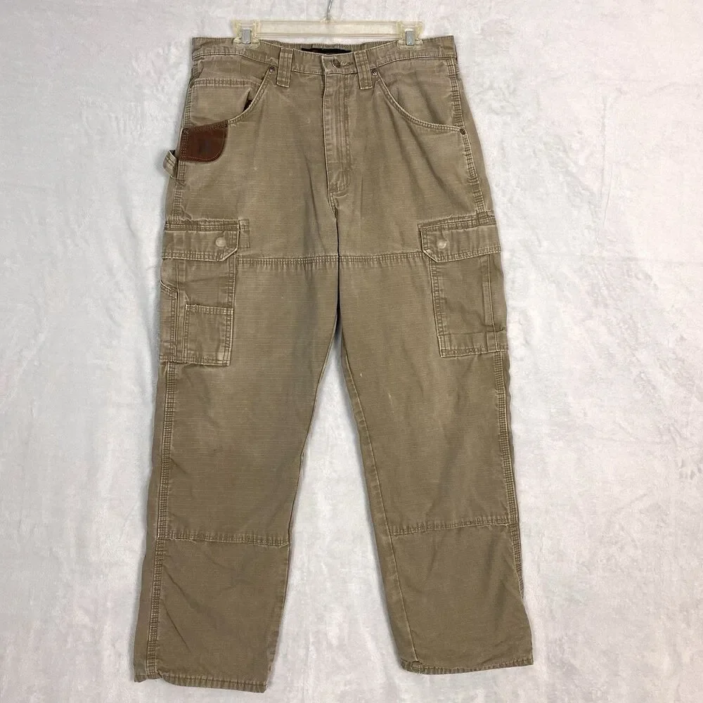 Wrangler Cargo Ripstop Pants Mens 34x31 Khaki Workwear Utility Fleece Lined